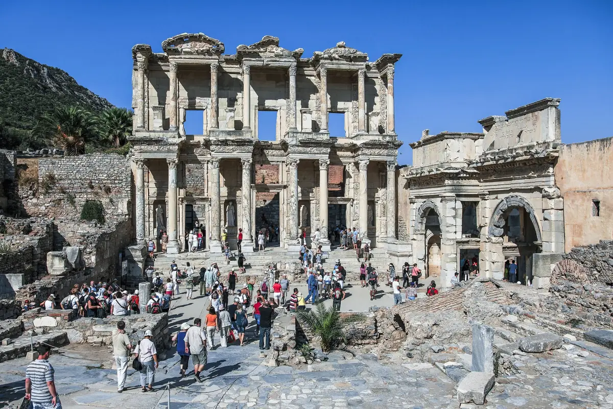 Visitors in front of the Library of Celsus